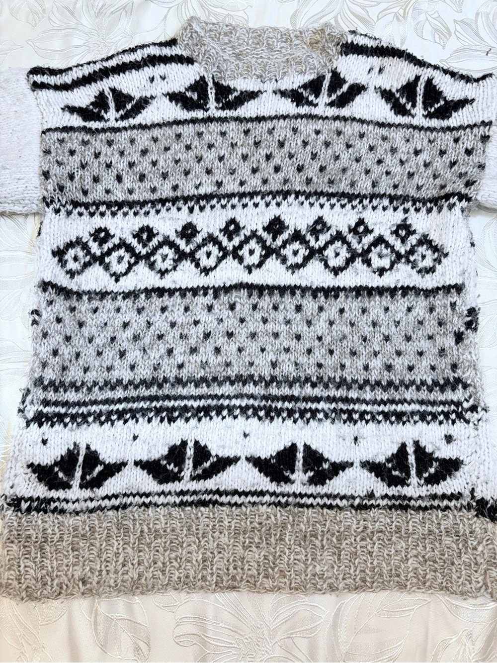 Hand Crafted Cream, White and Black Patterned Crewneck Sweater - Men's Large